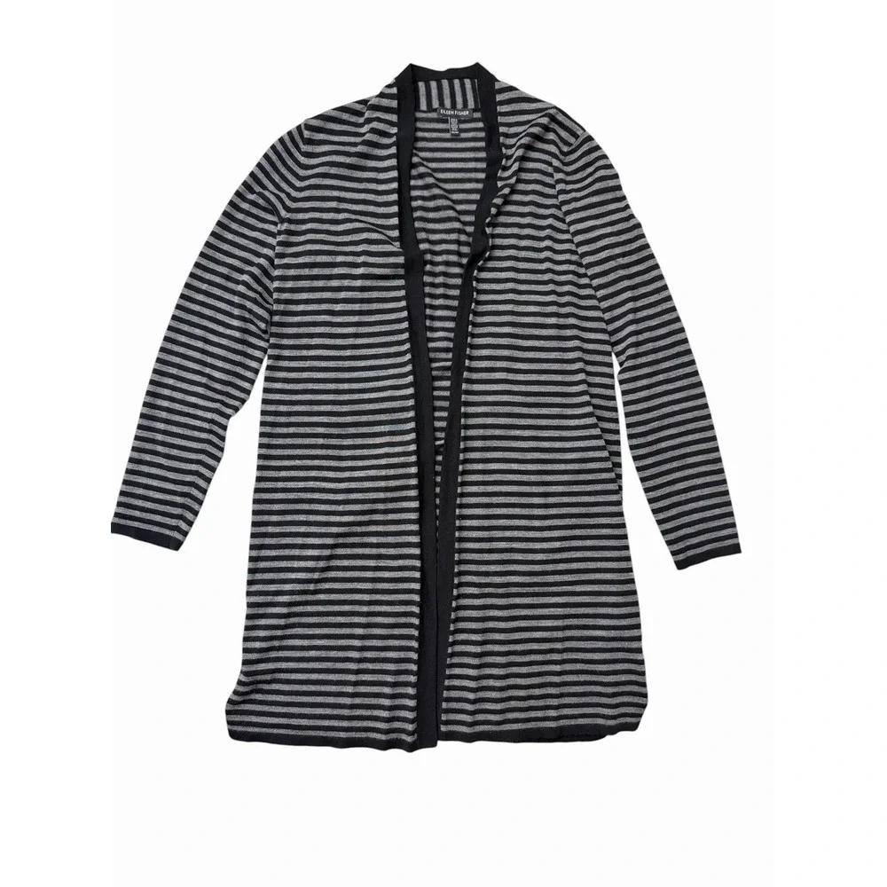 Eileen Fisher Cardigan XS 100% Merino Wool Striped Knit Sweater‎ Women's #YZ5-3